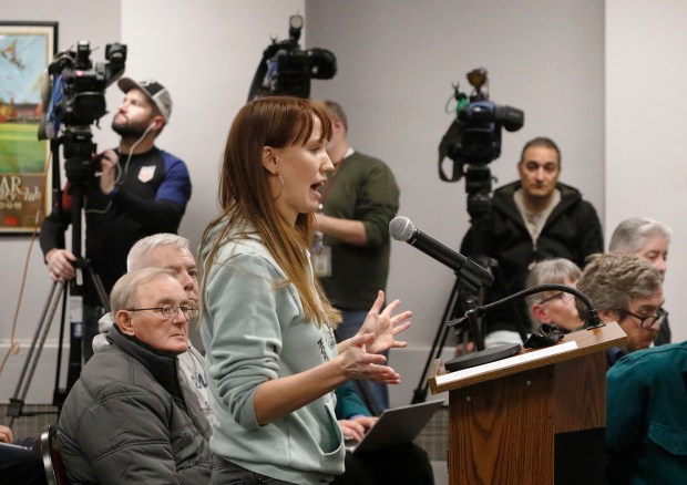 Ashley Williams speaks during a public meeting to discuss air permitting for BP Products of North America. East Chicago school officials cancelled a planned Indiana Department of Environmental Management (IDEM) public meeting more than a week ago, a second one was held at Calumet College of St. Joseph in Whiting on Thursday, February 22, 2024. (John Smierciak/Post Tribune)