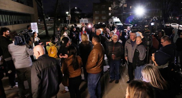 East Chicago residents were stopped at the doors of East Chicago Central High School for a schedule hearing on the renewal of the BP Whiting refinery air permit on Feb. 8, 2024. (John Smierciak/Post-Tribune)