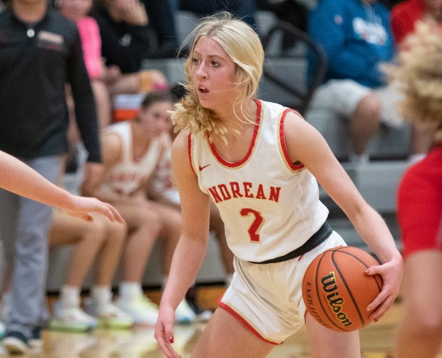 Andrean's Lindsay Arcella moves the ball during a game against Crown Point at Merrillville on Tuesday, Nov. 15, 2022. (Michael Gard / Post-Tribune)