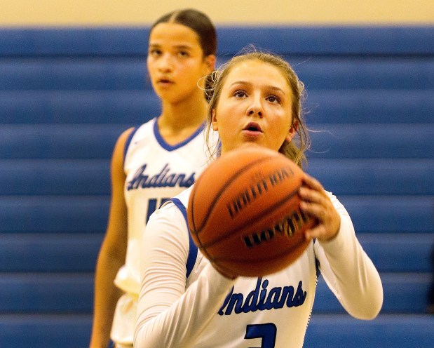 Lake Central's Riley Milausnic hits a free throw against Highland during a basketball game in St. John on Monday, Jan. 23, 2023. (John Smierciak/Post Tribune)