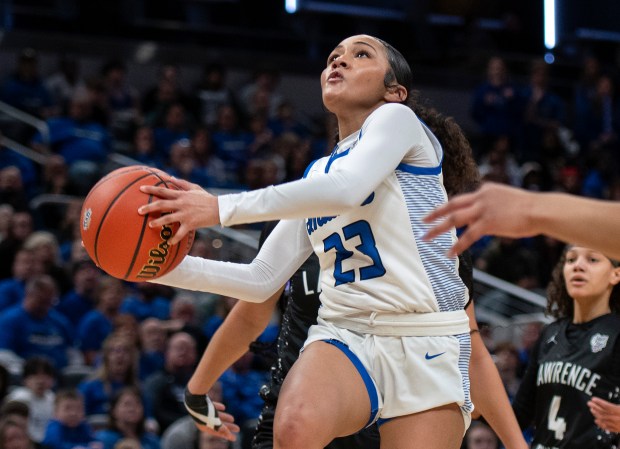 Lake Central's Vanessa Wimberly heads to the basket during the Class 4A state championship game against Lawrence Central at Gainbridge Fieldhouse in Indianapolis on Saturday, Feb. 24, 2024. (Michael Gard/for the Post-Tribune)