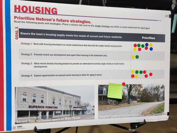 An information board on display on Jan. 31, 2024, at The Design Barn seeks to inform residents of housing issues in town and gather their feedback. Some residents got specific with sticky notes.