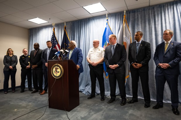 Federal and local officials participate in a press conference to announce the sentence given to Latin Counts member Eduardo Luciano in connection to a shooting that killed two in 2015, on Wednesday, February 7, 2024. (Kyle Telechan for the Post-Tribune)