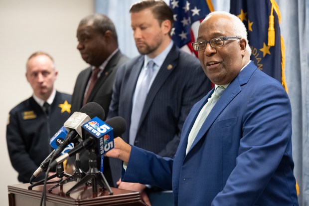 U.S. Attorney Clifford D. Johnson speaks during a press conference to announce the sentence given to Latin Counts member Eduardo Luciano in connection to a shooting that killed two in 2015, on Wednesday, February 7, 2024. (Kyle Telechan for the Post-Tribune)