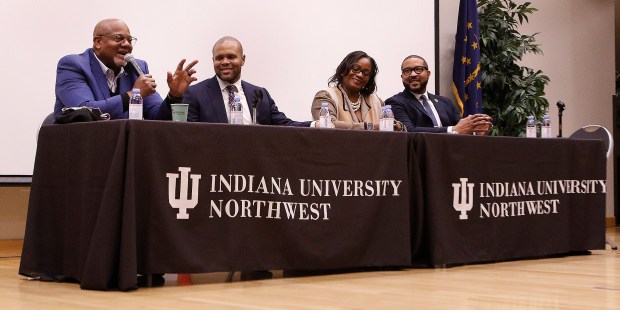 Elkhart Mayor Rod Roberson (l to r) addresses the crowd as Mayor Ronald Morrell, Mayor Angela Deuitch, and Mayor Eddie Melton wait their turns during the Black Labor Week discussion. Black mayors in Indiana discussed labor issues at IU Northwest on Wednesday, February 21, 2024. (John Smierciak/Post Tribune)