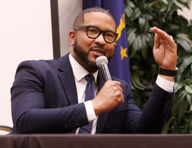 Gary Mayor Eddie Melton addresses the crowd during the Black Labor Week discussion. Black mayors in Indiana discussed labor issues at IU Northwest on Wednesday, February 21, 2024. (John Smierciak/Post Tribune)