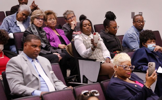 A large crowd listen to four Indiana mayors speak during the Black Labor Week discussion. Black mayors in Indiana discussed labor issues at IU Northwest on Wednesday, February 21, 2024. (John Smierciak/Post Tribune)