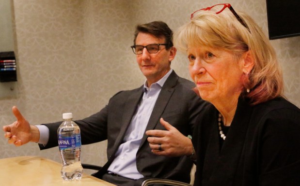 U.S. Rep. Frank Mrvan (left), D-Highland, and U.S. Department of Energy Under Secretary for Science and Innovation Geri Richmond answer questions during a presentation at Purdue University Northwest's Center for Innovation through Visualization and Simulation (CIVS) on Feb. 16, 2024. CIVS recently received a $7.1 million grant from the U.S. Dept. of Energy for for steel decarbonization research. (John Smierciak/Post-Tribune)