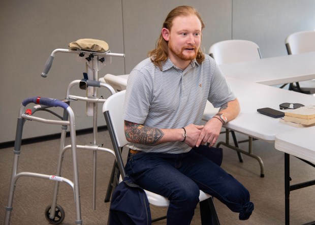 Matt Reum of South Bend, who spent six days trapped in his truck under a bridge on Interstate 94 in December, speaks about his ordeal in Valparaiso on Tuesday, Feb. 13, 2024. (Michael Gard/Post-Tribune)