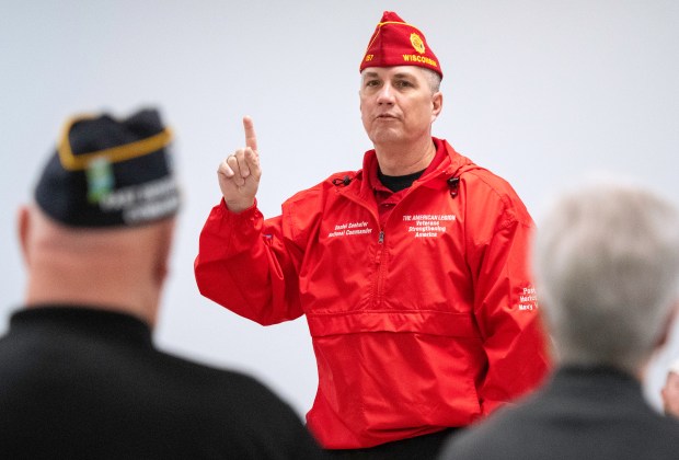 American Legion National Commander Daniel Seehafer speaks to regional Legion leaders at American Legion Post 502 in South Haven on Friday, Feb. 16, 2024. (Michael Gard/Post-Tribune)