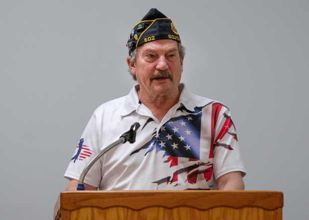 American Legion Post 502 Commander Frank Van Autreve speaks as national commander Daniel Seehafer visits at Post 502 in South Haven on Friday, Feb. 16, 2024. (Michael Gard/Post-Tribune)