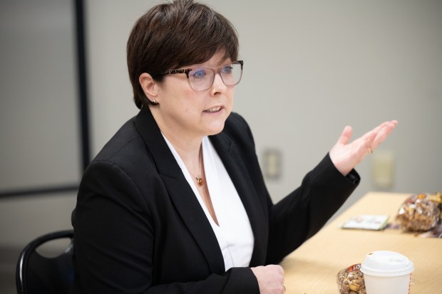 Purdue University Assistant Research Professor, Dr. Wendy Koss speaks about her research during a presentation at Crown Point-based research facility Neurodon on Thursday, Februrary 15, 2024. (Kyle Telechan for the Post-Tribune)