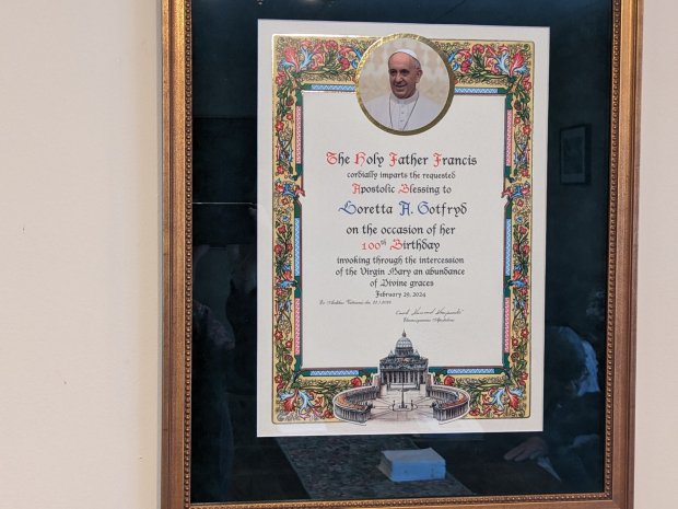 A letter from the office of Pope Francis in Rome offering an Apostolic Blessing to Loretta Gotfryd, who turns 100 years old on Leap Day, is on display in her Oak Lawn home. (Janice Neumann/Daily Southtown)