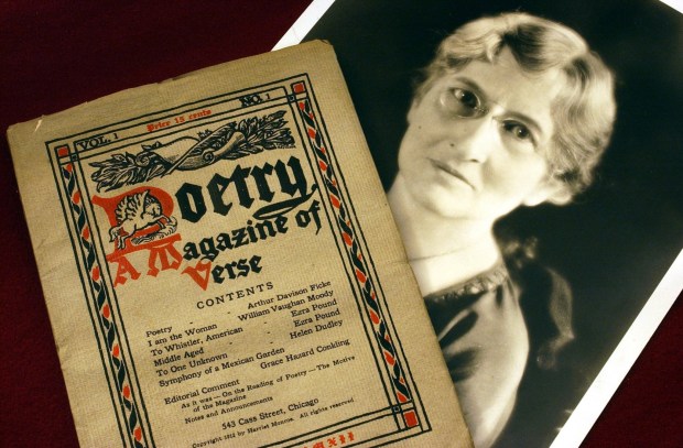 A copy of the original 1912 issue of Poetry magazine, then called Poetry: A Magazine of Verse, lies over a photo of founder Harriet Monroe.