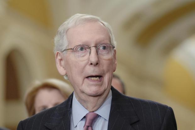 Senate Minority Leader Mitch McConnell, R-Ky., talks after a policy luncheon on Capitol Hill, Feb. 27, 2024, in Washington. (AP Photo/Mariam Zuhaib)