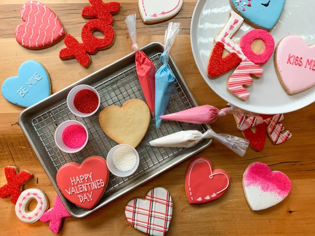 Beatrix''s Valentine''s Day cookie decorating kits. (Samantha Brauer)