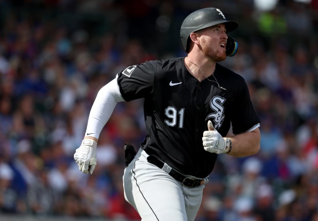 Chicago White Sox Tim Elko hits a homerun in the second inning against the Chicago Cubs at Sloan Park on Friday, Feb. 23, 2024, in Mesa, Arizona. The Cubs won 8-1. (Stacey Wescott/Chicago Tribune)