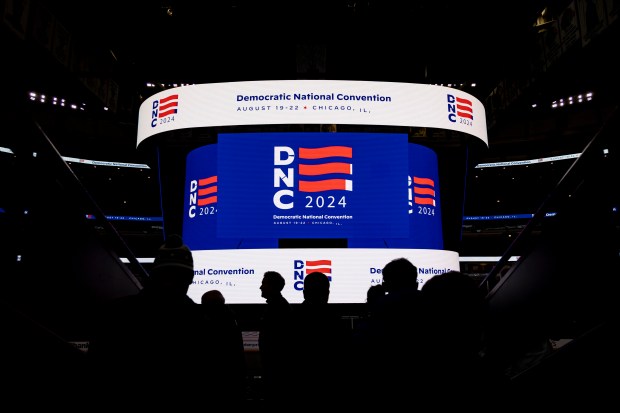 The logo is displayed while the Democratic National Convention holds a media walkthrough, Jan. 18, 2024, at the United Center. (Brian Cassella/Chicago Tribune)