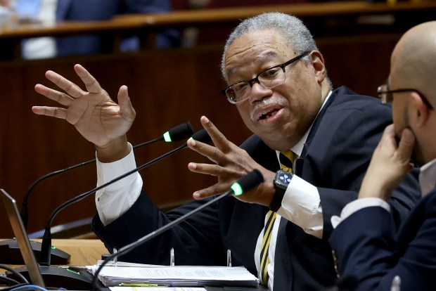 CTA President Dorval Carter speaks while appearing before aldermen at City Hall on Tuesday, Feb. 27, 2024, as part of a quarterly hearing on CTA services. Carter was grilled over service, safety, and crime. At right is Vice Chair Ald. Andre Vasquez. (Antonio Perez/ Chicago Tribune)