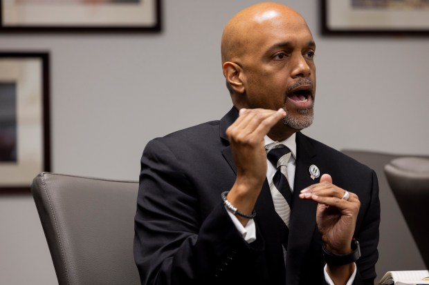 Democratic candidates for Cook County State's Attorney Clayton Harris III speaks with the members of the Chicago Tribune Editorial Board on Wednesday, Feb. 14, 2024, at the Chicago Tribune Freedom Center. (Vincent Alban/Chicago Tribune)