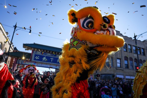 A lion dance is performed at the end of the Lunar New Year Parade in Chicago's Chinatown on Sunday, Feb. 18, 2024. (Eileen T. Meslar/Chicago Tribune)