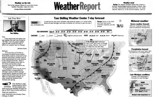 Tom Skilling's weather report appeared in the June 17, 1997, Chicago Tribune for the first time. (Chicago Tribune)