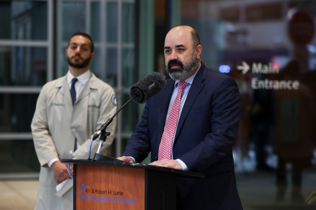 Chief Nursing Officer and Chief Clinical Officer Brian Stahulak speaks at a press conference about cybersecurity issues that are plaguing Lurie Children's Hospital outside of the hospital on Feb. 8, 2024. (Eileen T. Meslar/Chicago Tribune)