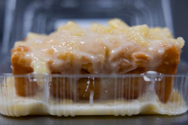 The pineapple paradise cake with fresh pineapple glaze at Pookie Crack Cakes. (Vincent Alban/Chicago Tribune)