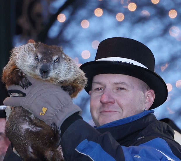 Handler Mark Szafran displays Woodstock Willie for the crowd gathered in Woodstock Square at the Groundhog Day celebration on Feb. 2, 2024, in Woodstock. Woodstock Willie did not see his shadow signifying an early spring. (Stacey Wescott/Chicago Tribune)