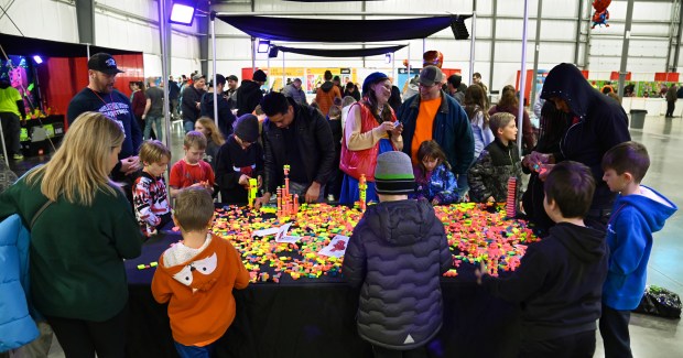 Glow Zone LEGO bricks are a blacklight neon highlight at Brick Fest Live on Feb. 17, 2024 at the Lake County Fairgrounds and Event Center. Karie Angell Luc for the Lake County News-Sun.