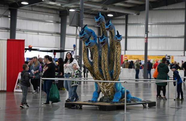 Hydra, a mythical creature made of LEGO bricks, is a show stopper and centerpiece, at Brick Fest Live on Feb. 17, 2024 at the Lake County Fairgrounds and Event Center. Karie Angell Luc for the Lake County News-Sun.