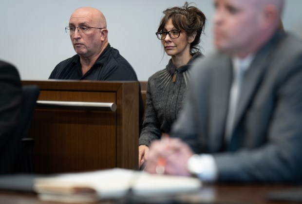 Robert Crimo Jr. and Denise Pesina attend a case management meeting for their son, Robert E. Crimo, III, charged with killing seven people at a July 4 parade in Highland Park, at the at the Lake County Courthouse Wednesday, Feb. 21, 2024. (E. Jason Wambsgans/Chicago Tribune)