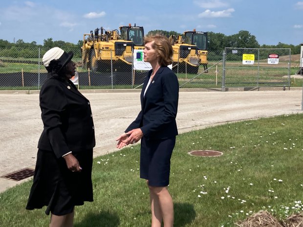 Lake County Board Chair Sandy Hart, D-Lake Bluff (right), talks to Vice Chair Mary Ross Cunningham, D-Waukegan, at the construction site of the Regional Operations and Communications Facility.