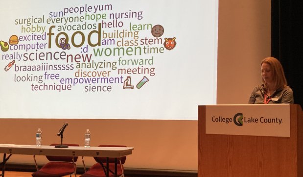 Julia Peterson, the associate dean of the engineering, math and physical sciences division at the College of Lake County, speaks at the school's STEM for Girls event. (Steve Sadin/Lake County News-Sun)