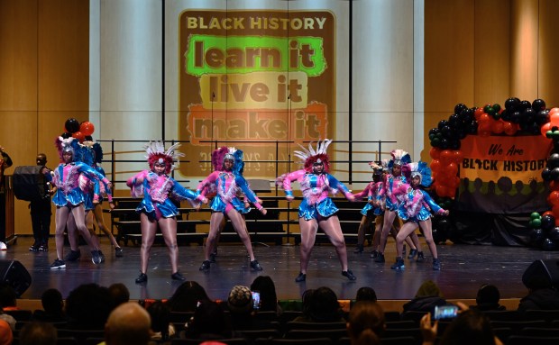 The Elite Striders Drill Team and Drum Corps of Waukegan opens the program at the 34th annual Black History Celebration on Feb. 24, 2024 in Zion at Zion-Benton Township High School District 126. (Karie Angell Luc/Lake County News-Sun)