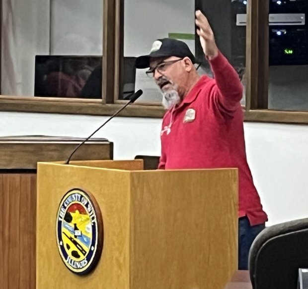 Homer Township Road Commissioner Brent Porfilio said 143rd Street does not have the traffic that warrants expansion. Several nearby east-west roads have more capacity than cars per day, he said.Michelle Mullins/for Daily Southtown, Will County Board meeting, Feb. 15, 2024, Joliet, Illinois