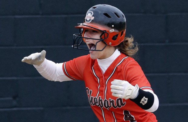 Shepard's Brooklynn Sedlak reacts as she rounds third after hitting a three-run homer against Richards during a South Suburban Red game in Oak Lawn on Tuesday, May 2, 2023.