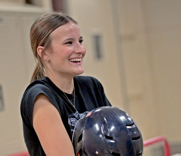 Oswego East's Ronnie Craft. Oswego East's softball game with Metea Valley was postponed due to weather, so the home team practiced indoors, Friday, March 22, 2024, in Oswego, Illinois. (Jon Langham/for the Beacon-News)