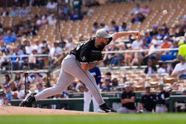 White Sox pitcher Garrett Crochet throws against the Dodgers on Feb. 27, 2024, in Glendale, Ariz. (AP Photo/Ashley Landis)