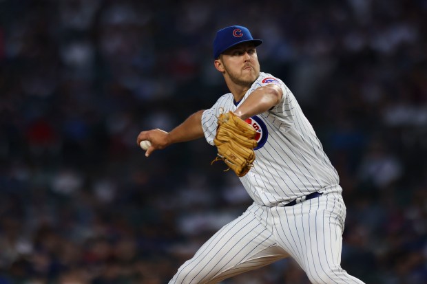 Cubs starting pitcher Jameson Taillon delivers on Aug. 28, 2023, against the Brewers at Wrigley Field. (Eileen T. Meslar/Chicago Tribune)