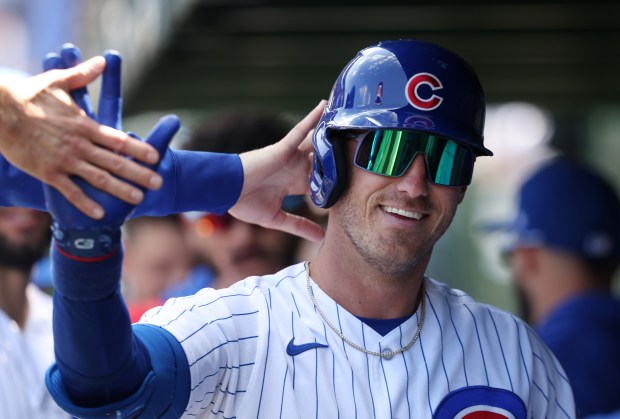 Chicago Cubs center fielder Cody Bellinger (24) celebrates after hitting a home run in the third inning against the Los Angeles Dodgers at Wrigley Field Friday, April 21, 2023, in Chicago. (John J. Kim/Chicago Tribune)