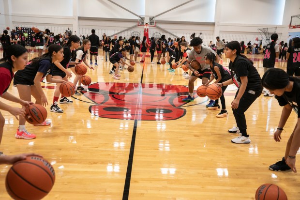 D'Amonte Ellis, aka Coach D, runs through dribbling drills with a group of girls as the Chicago Bulls hosted the Girls' Day of Play? clinic at the Advocate Center Sunday, March 3, 2024, in Chicago. (Vincent D. Johnson/for the Chicago Tribune)