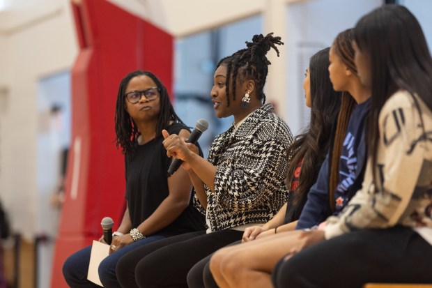 Conor Richardson talks about her experiences with sports as a young girl during the Girls' Day of Play? clinic at the Advocate Center Sunday, March 3, 2024, in Chicago. (Vincent D. Johnson/for the Chicago Tribune)