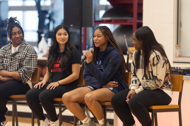 UIC Flames women's basketball player Makiyah Williams, talks during the Girls' Day of Play? clinic at the Advocate Center Sunday, March 3, 2024, in Chicago. (Vincent D. Johnson/for the Chicago Tribune)