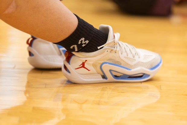 A girl with Jordan shoes and number 23 socks at the Girls' Day of Play? clinic at the Advocate Center Sunday, March 3, 2024, in Chicago. (Vincent D. Johnson/for the Chicago Tribune)