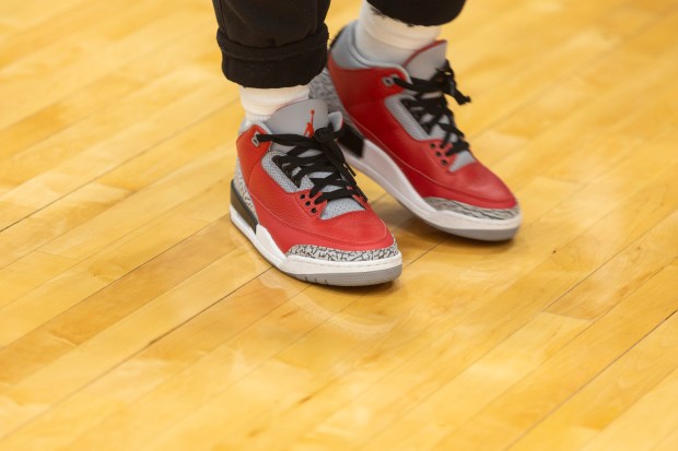 The shoes Liannae Harper wore at the Girls' Day of Play? clinic at the Advocate Center Sunday, March 3, 2024, in Chicago. (Vincent D. Johnson/for the Chicago Tribune)