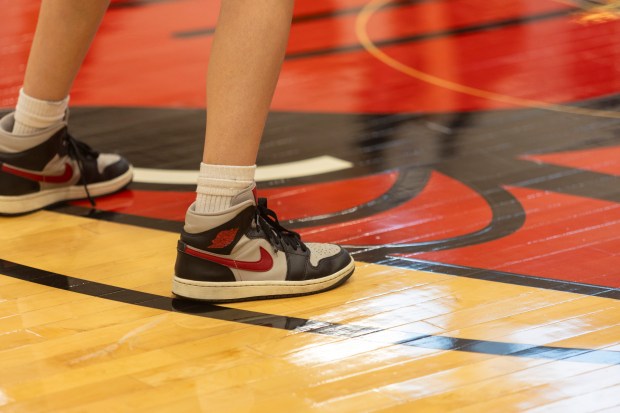 Shoes from the Girls' Day of Play? clinic at the Advocate Center Sunday, March 3, 2024, in Chicago. (Vincent D. Johnson/for the Chicago Tribune)