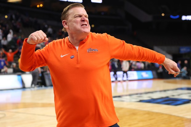 Illinois coach Brad Underwood celebrates after defeating Duquesne Dukes in the second round of the NCAA Tournament at CHI Health Center on March 23, 2024 in Omaha, Neb. (Photo by Michael Reaves/Getty Images)