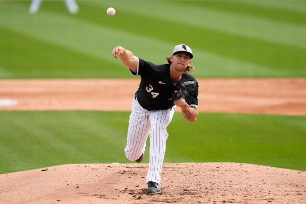 White Sox pitcher Michael Kopech throws during the third inning of a spring training game against the Dodgers on March 6, 2024. (AP Photo/Ashley Landis)