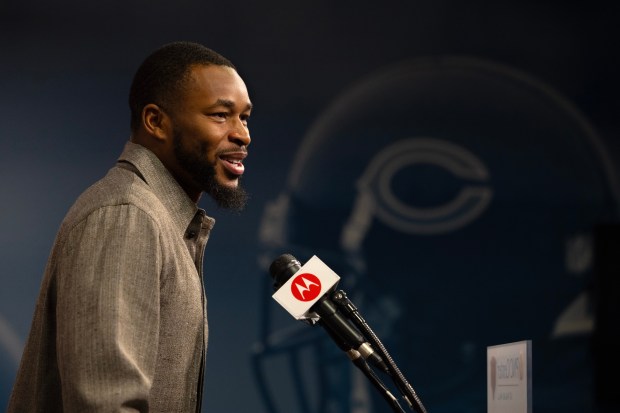 Kevin Byard speaks with the media about joining the Bears on March 14, 2024, in Lake Forest. (Stacey Wescott/Chicago Tribune)